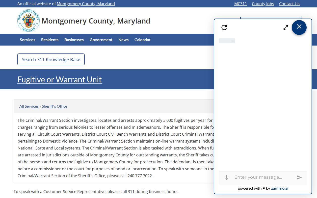 Montgomery County sheriff warrant categories listed on the county service page