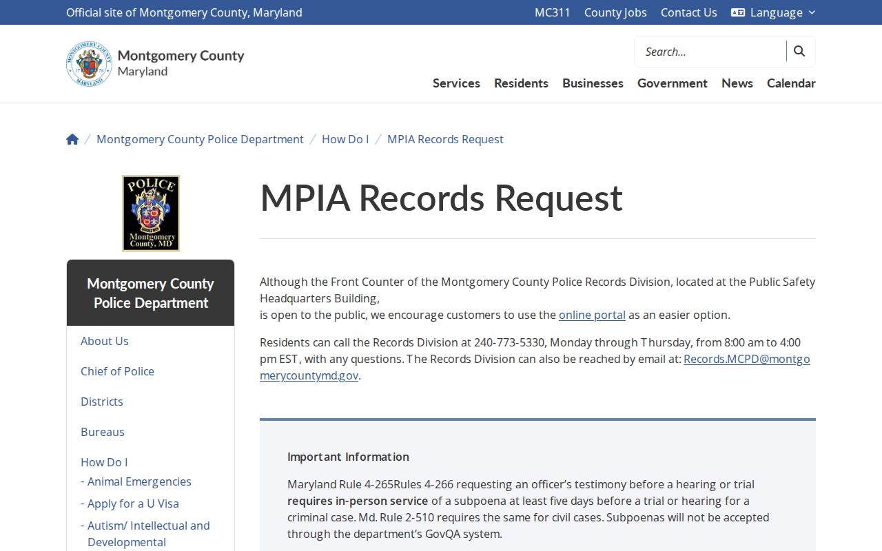 Montgomery County police records request page with warrant file fees and custodian details