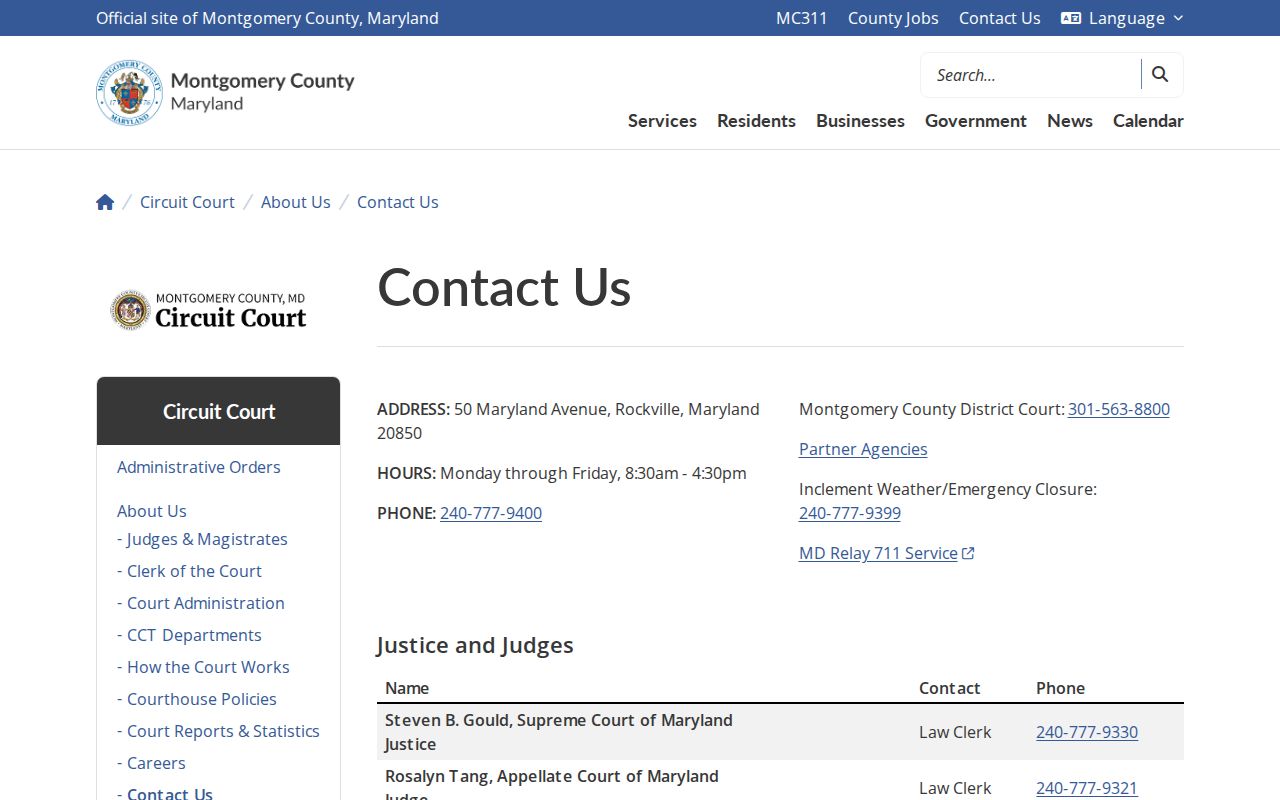 Montgomery County Circuit Court address and hours page for bench warrant files