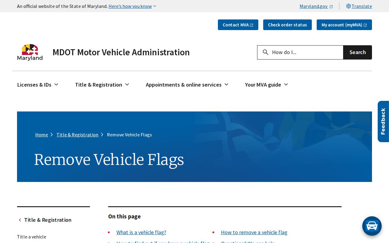 Maryland MVA administrative vehicle flag page separate from Montgomery County warrants