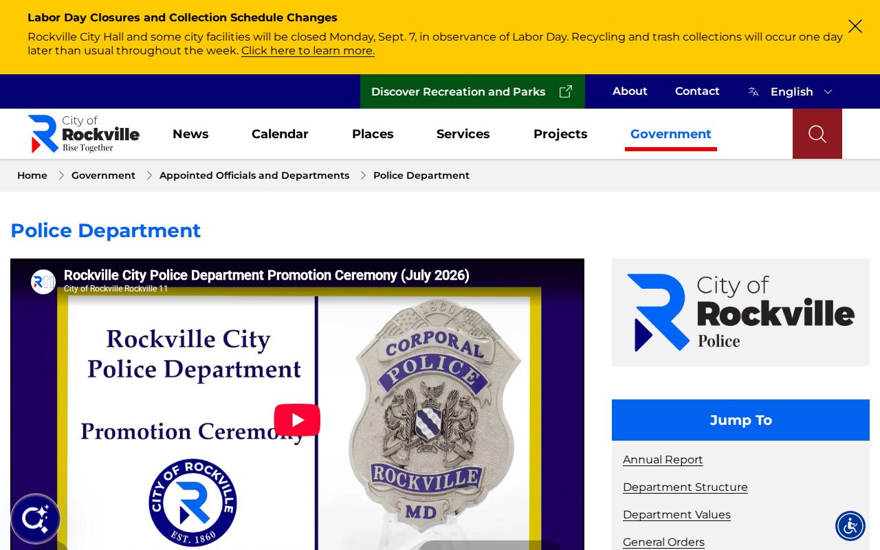 Rockville City Police Department page for Montgomery County warrant questions