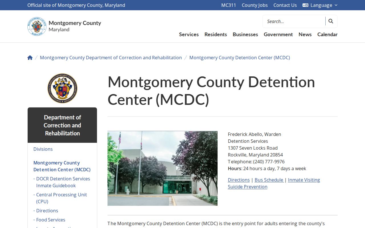 Montgomery County detention center intake and warrant turn-in facility page
