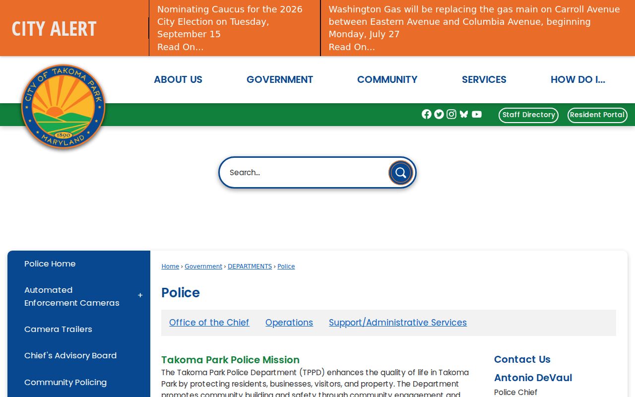 Takoma Park Police Department contact page for Montgomery County warrant questions