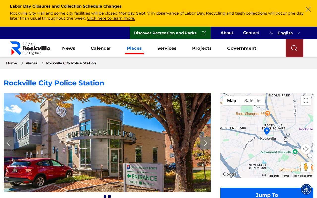 Rockville City Police station page for county warrant questions at the public counter