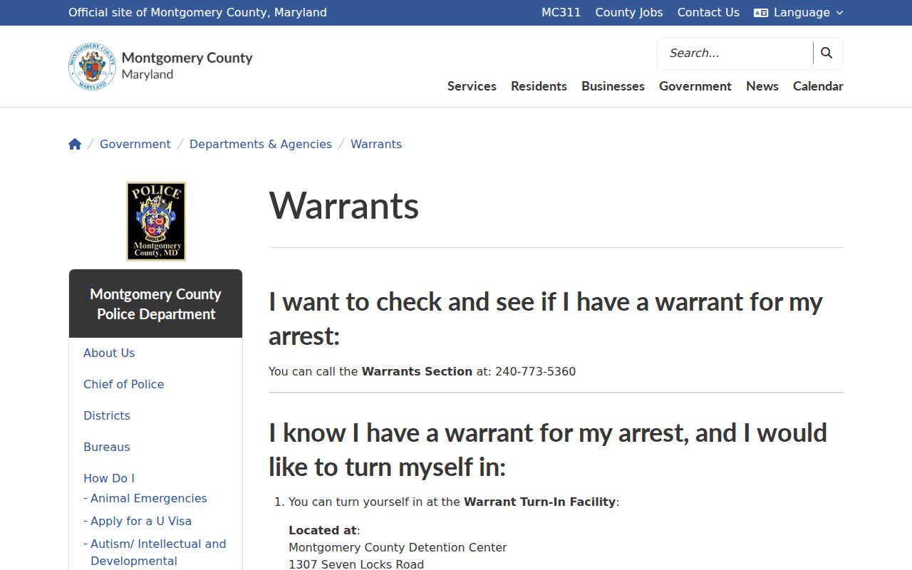 Montgomery County warrant confirmation line and detention center turn-in information